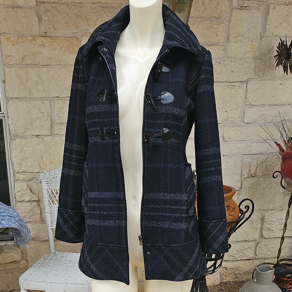 GUESS Los Angeles Black & Blue Hooded Plaid Wool Blend Coat Jacket Size Small